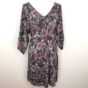 Garnet Hill Gray Red Floral Dress V Neck Small S